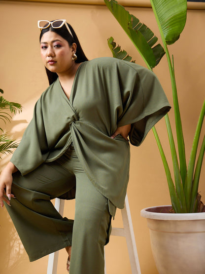 Olive Solid Front Knot Top With Cargo Pants