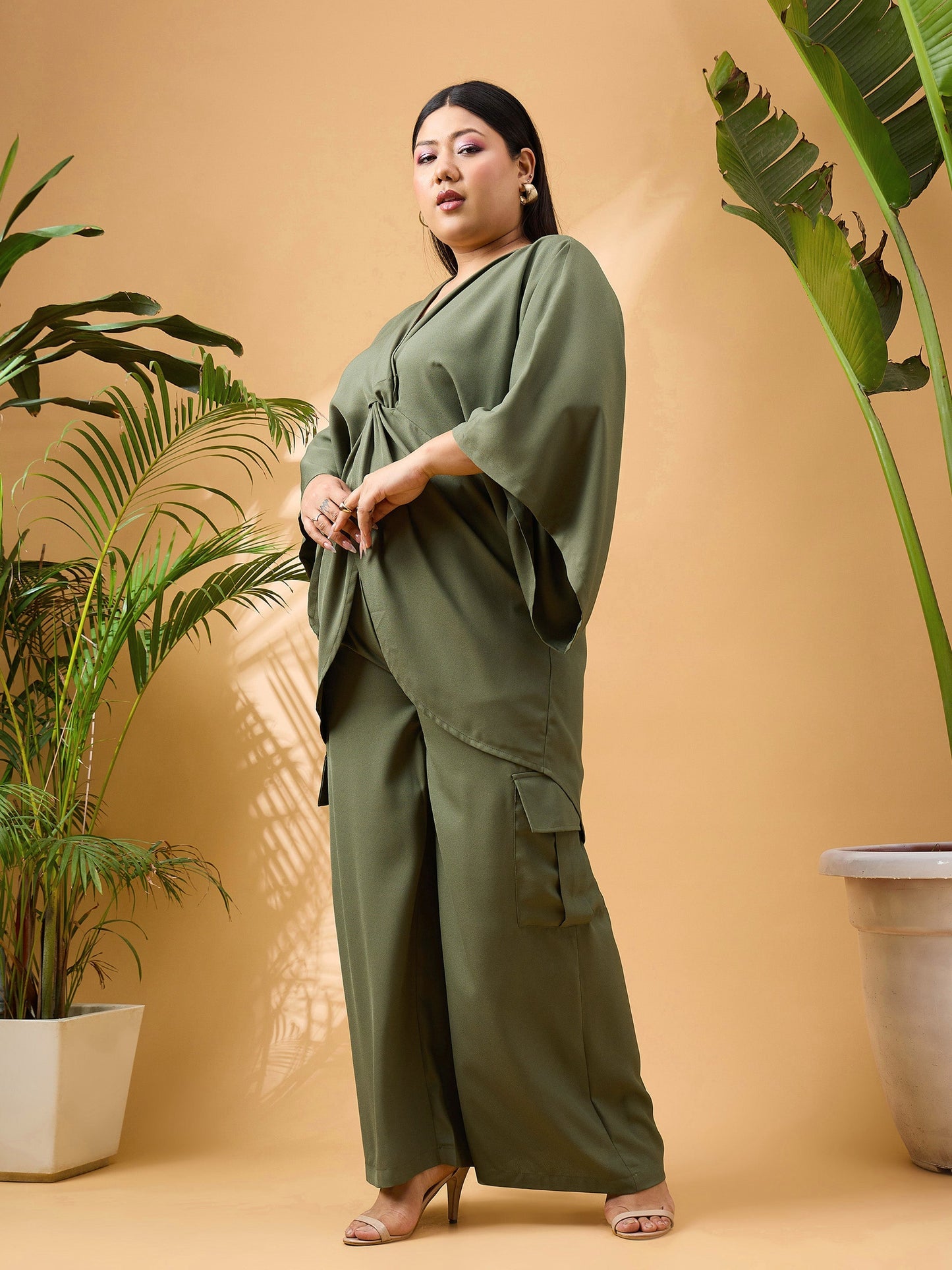 Olive Solid Front Knot Top With Cargo Pants