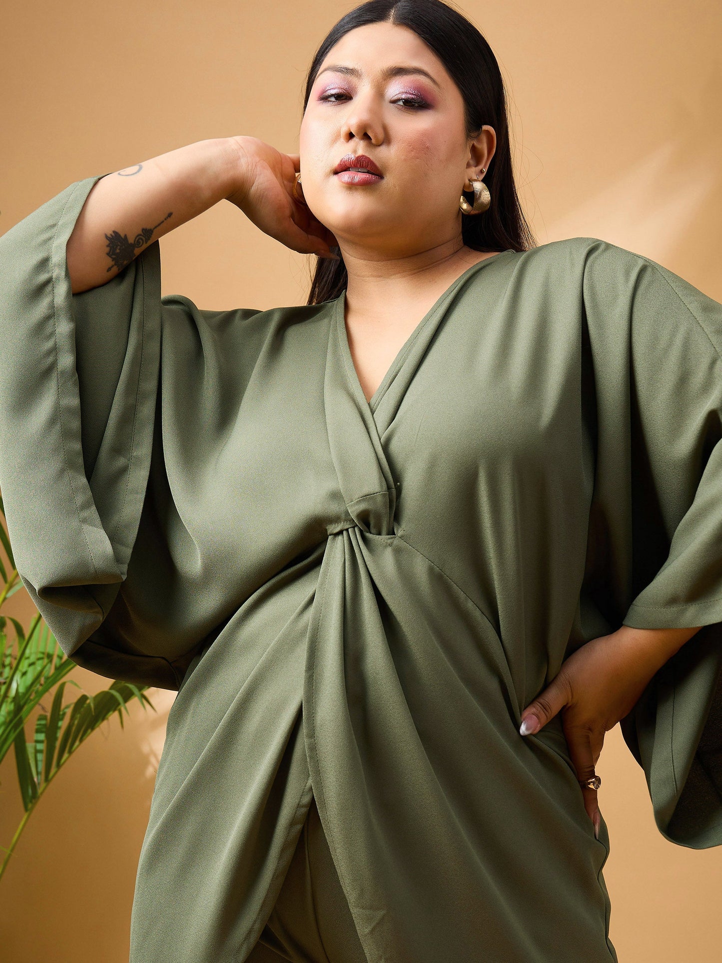 Olive Solid Front Knot Top With Cargo Pants