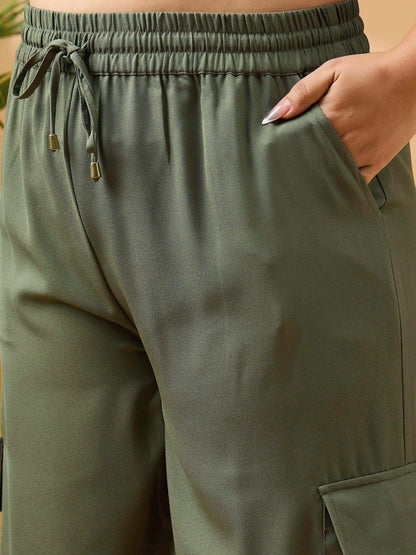 Olive Solid Front Knot Top With Cargo Pants
