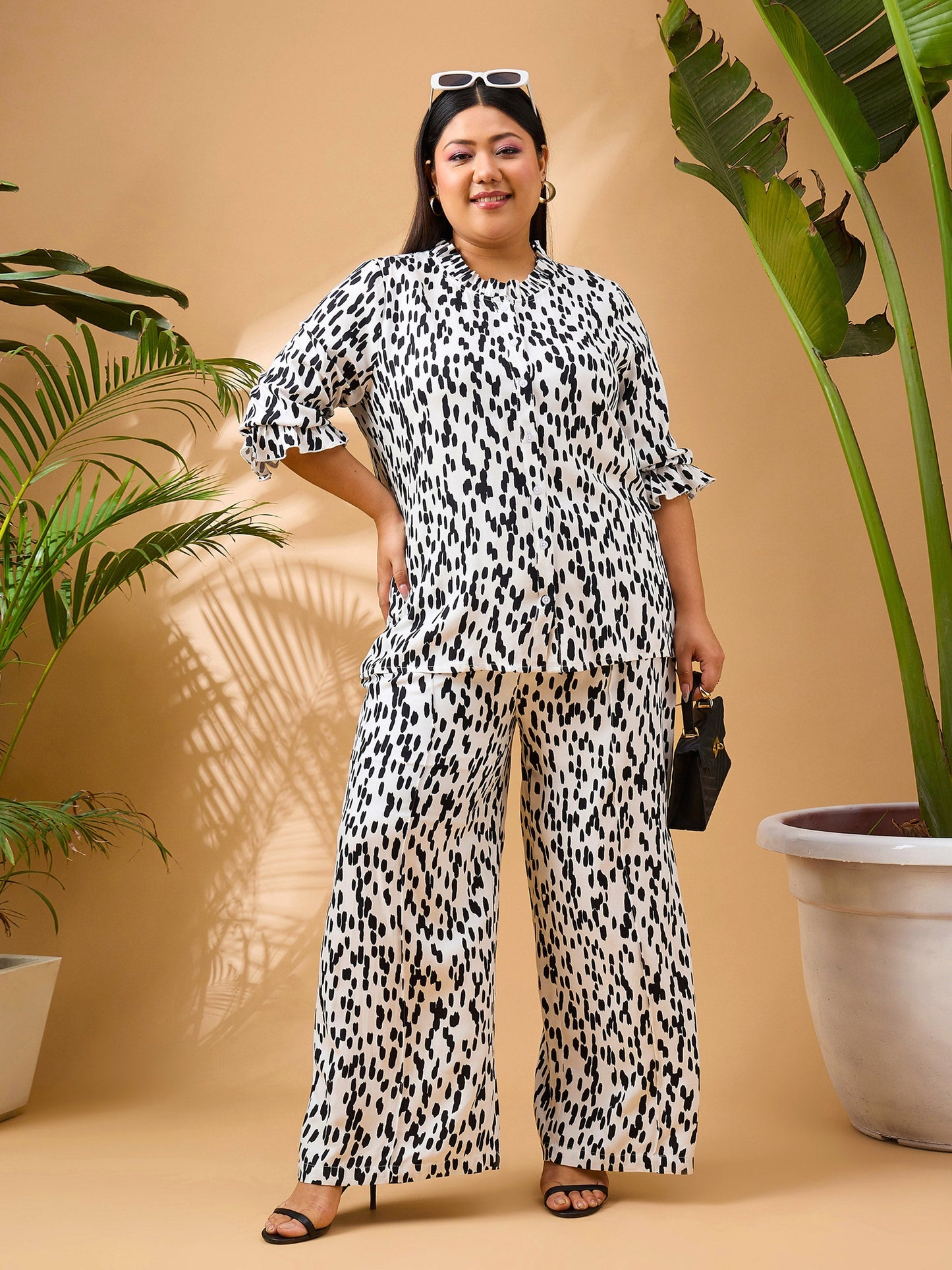 White & Black Printed Frill Shirt With Straight Pants
