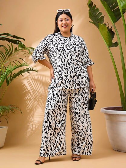 White & Black Printed Frill Shirt With Straight Pants