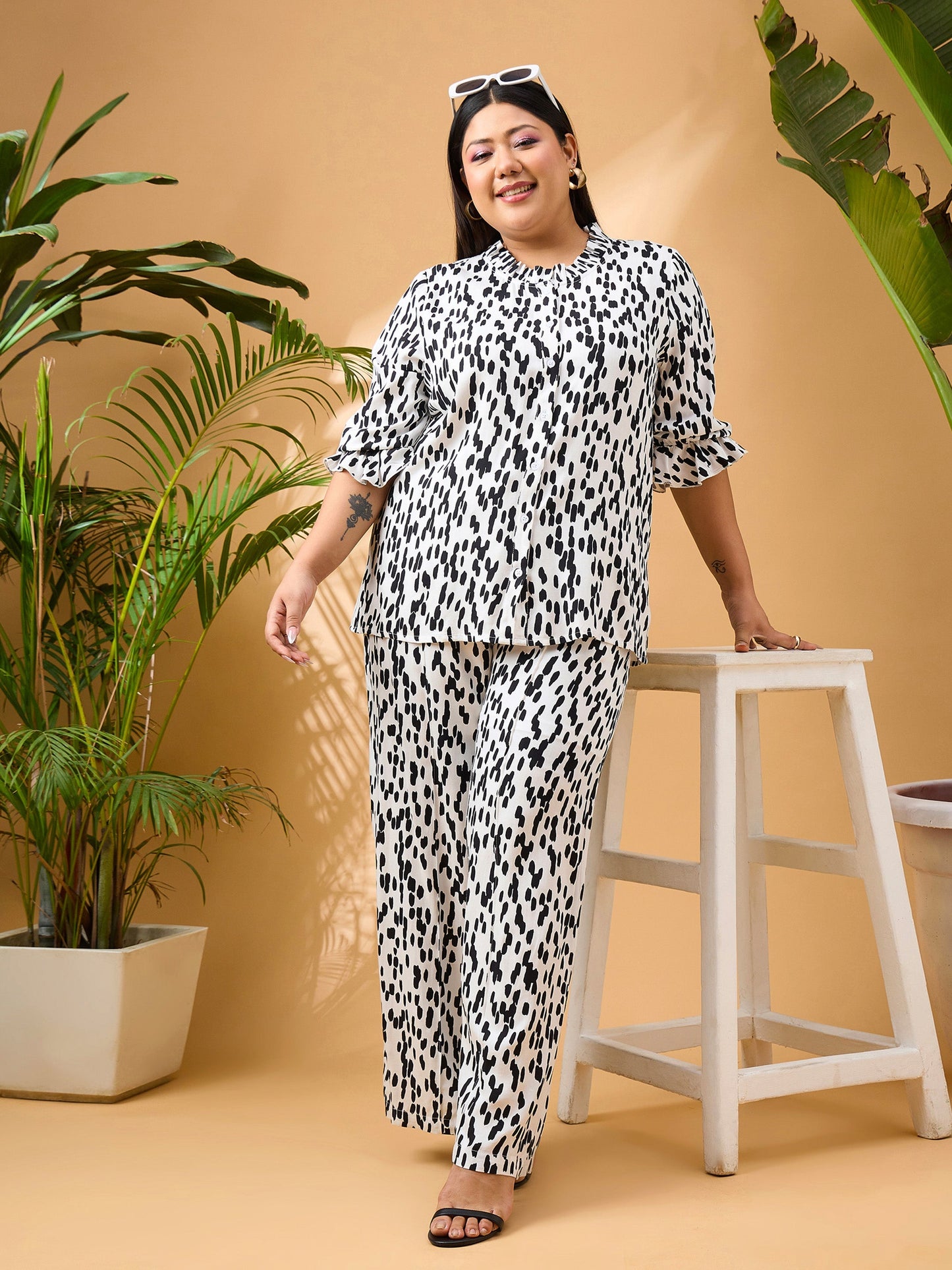 White & Black Printed Frill Shirt With Straight Pants