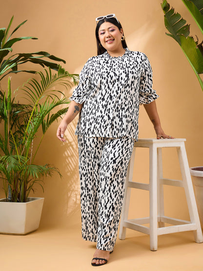 White & Black Printed Frill Shirt With Straight Pants