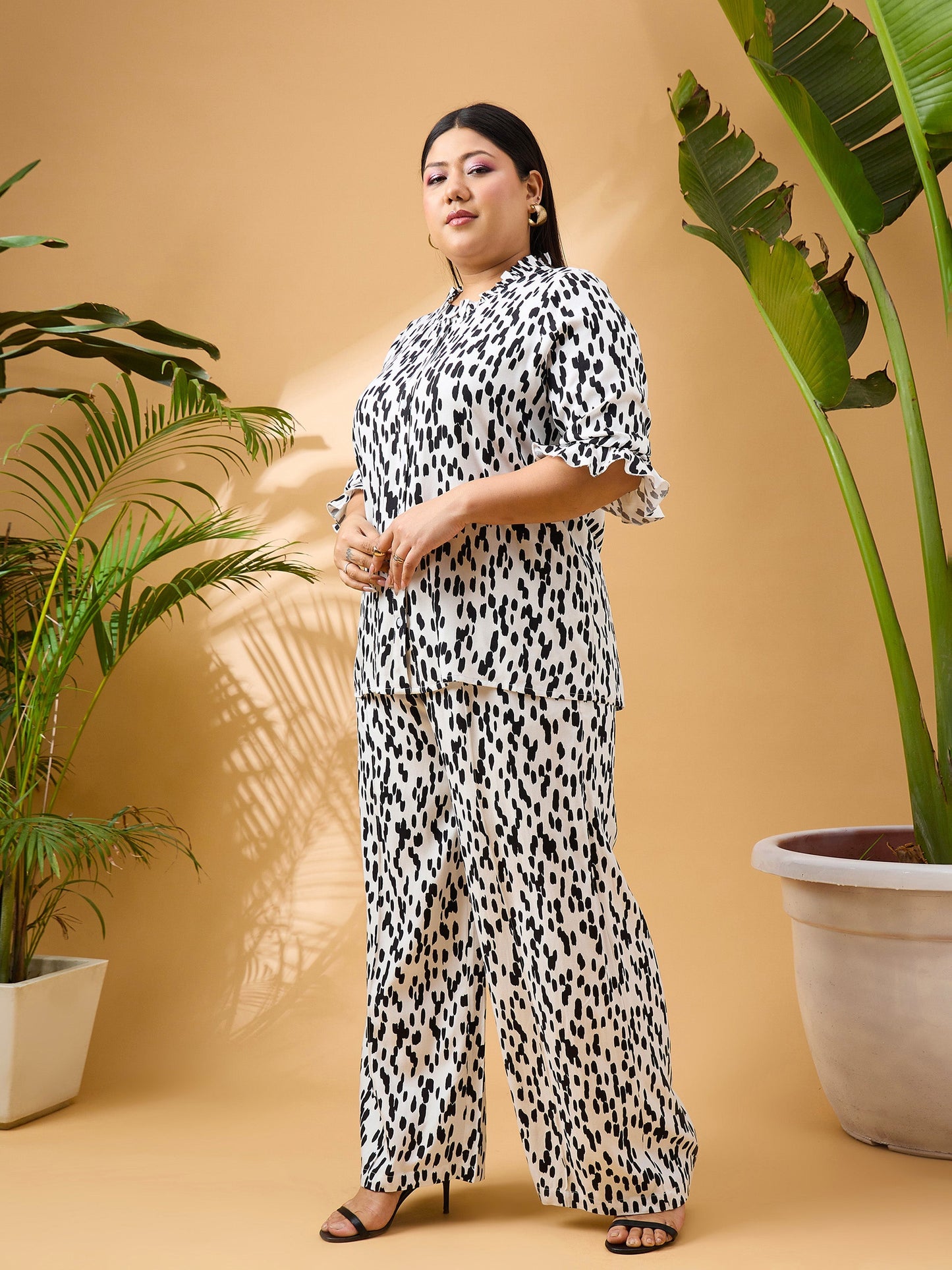 White & Black Printed Frill Shirt With Straight Pants