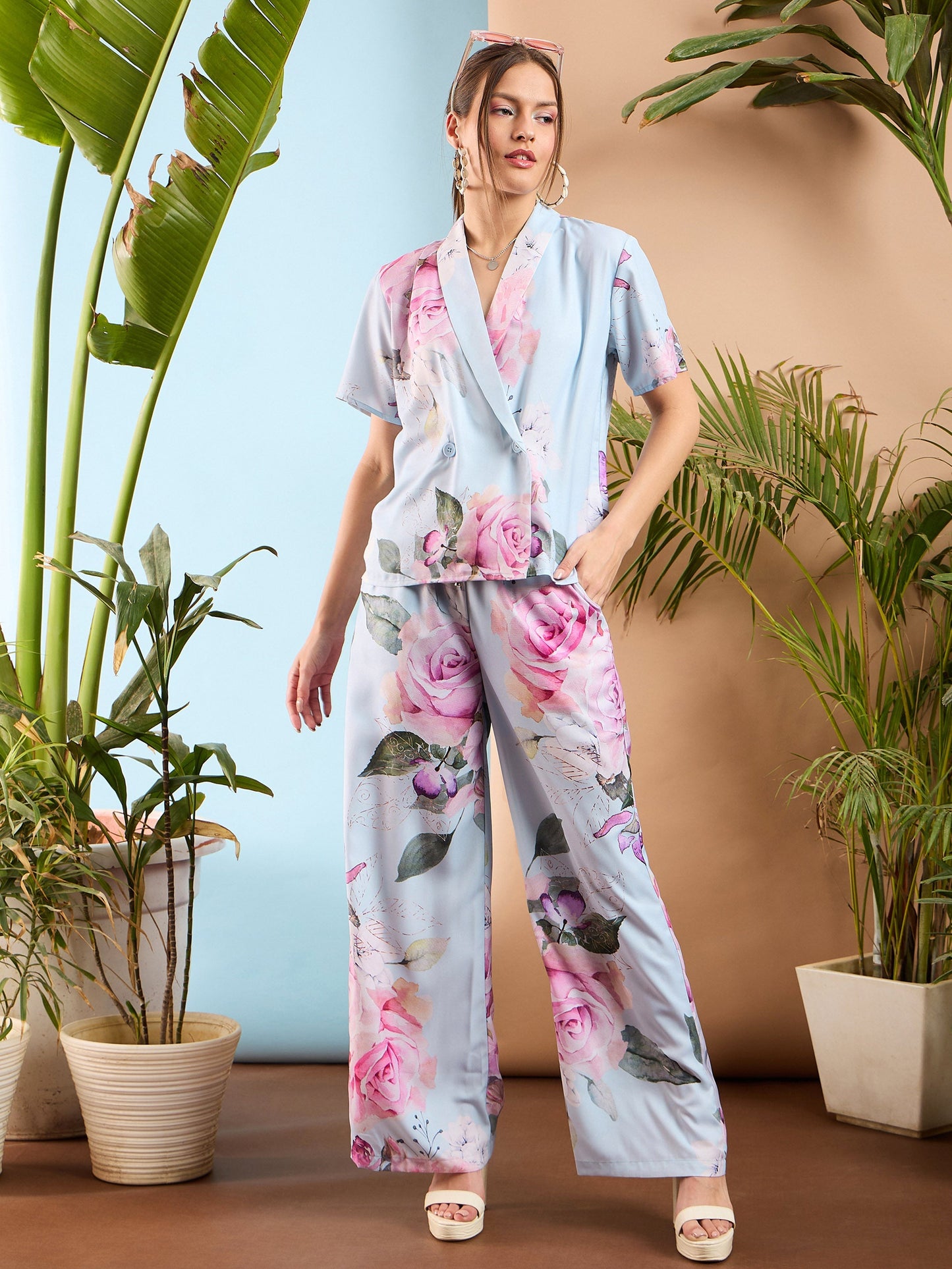 Light Blue Floral Shawl Collar Top With Pants