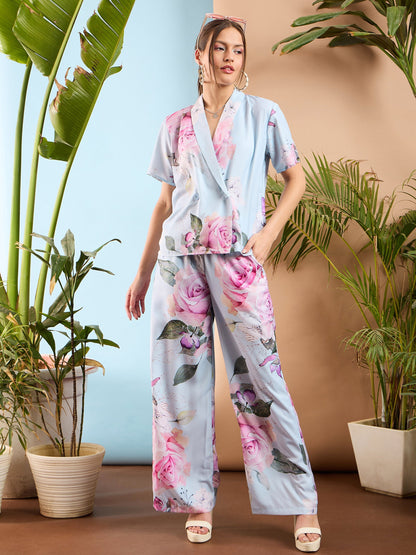 Light Blue Floral Shawl Collar Top With Pants