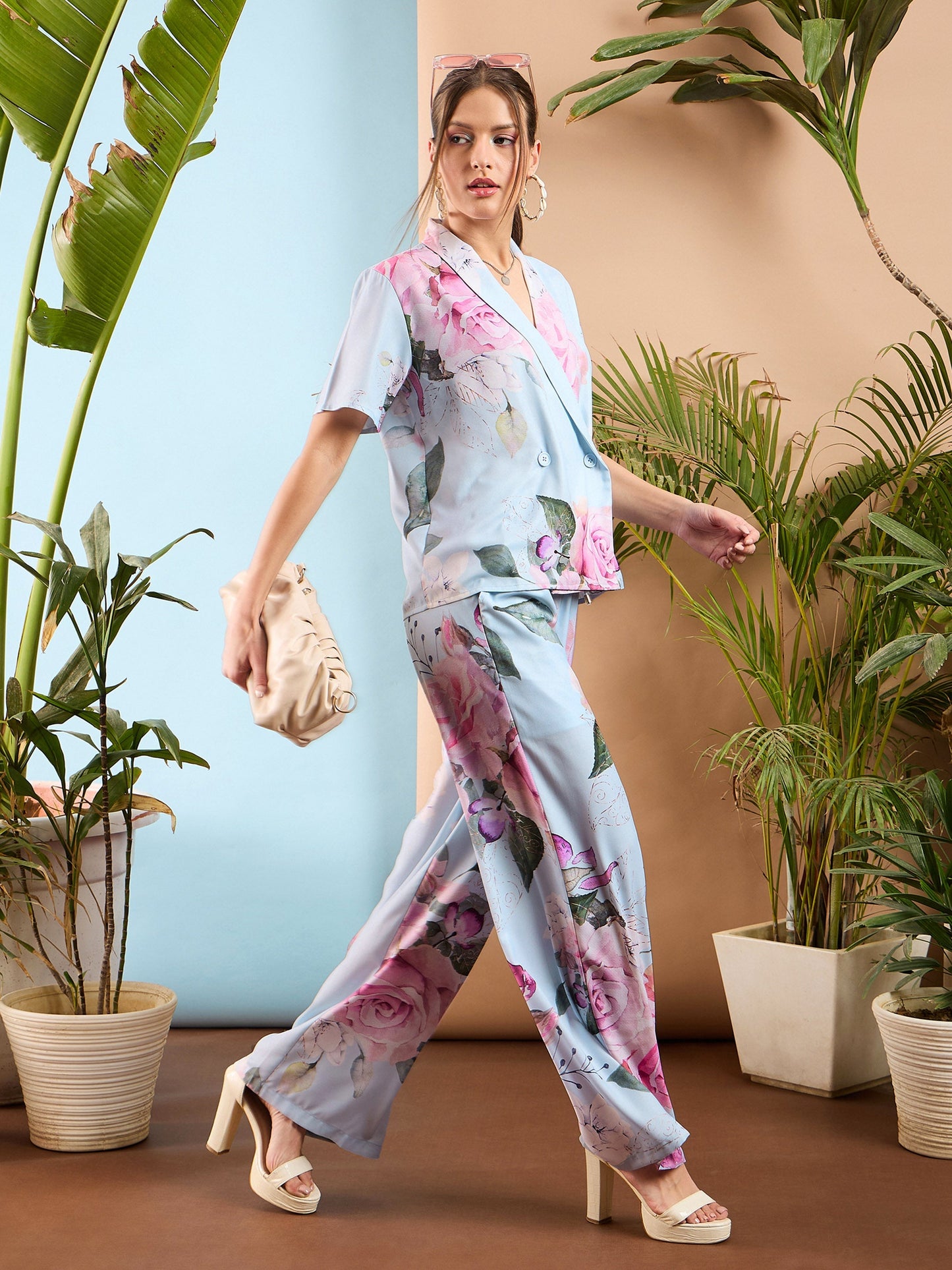 Light Blue Floral Shawl Collar Top With Pants