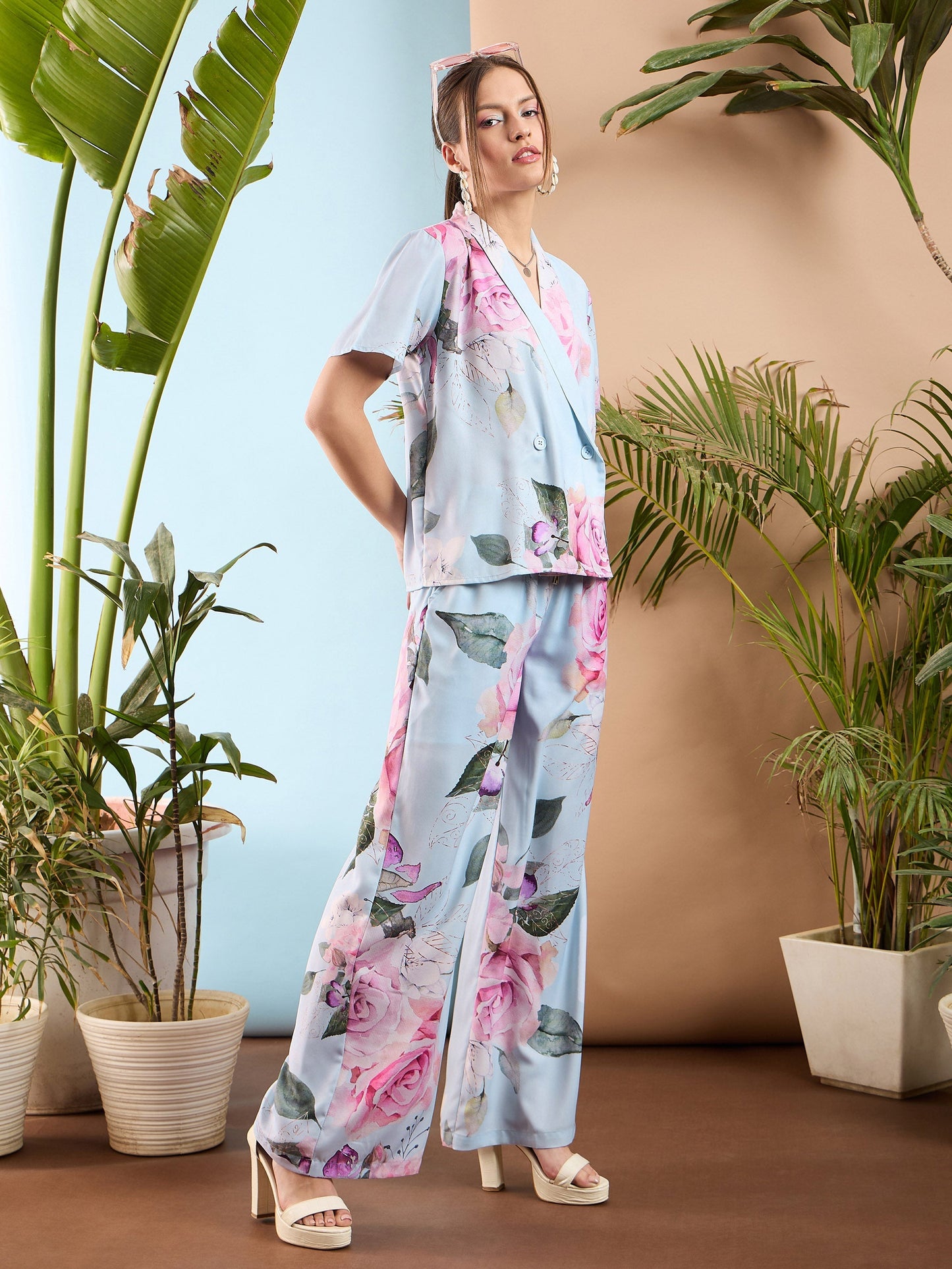 Light Blue Floral Shawl Collar Top With Pants