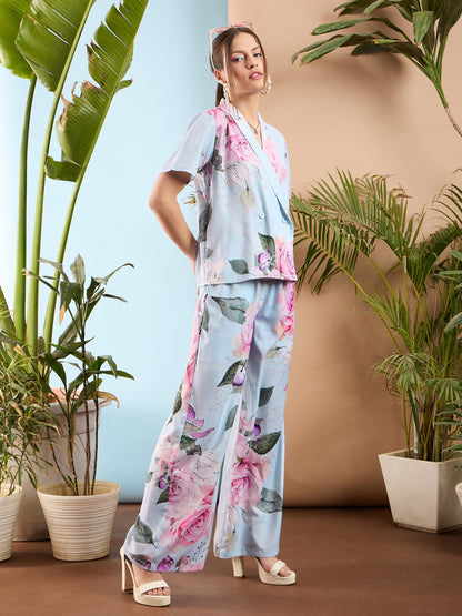 Light Blue Floral Shawl Collar Top With Pants