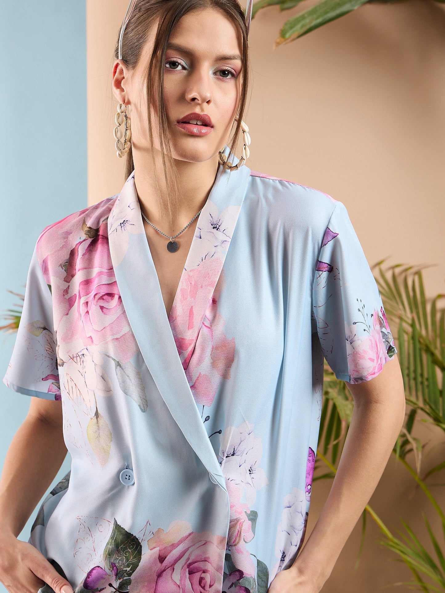 Light Blue Floral Shawl Collar Top With Pants