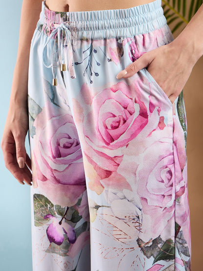 Light Blue Floral Shawl Collar Top With Pants