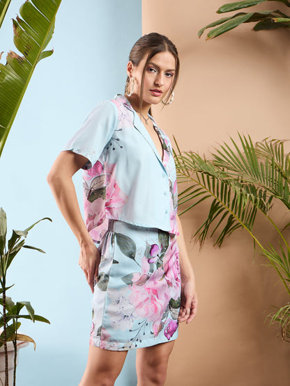 Light Blue Floral Crop Shirt With Mini Skirt