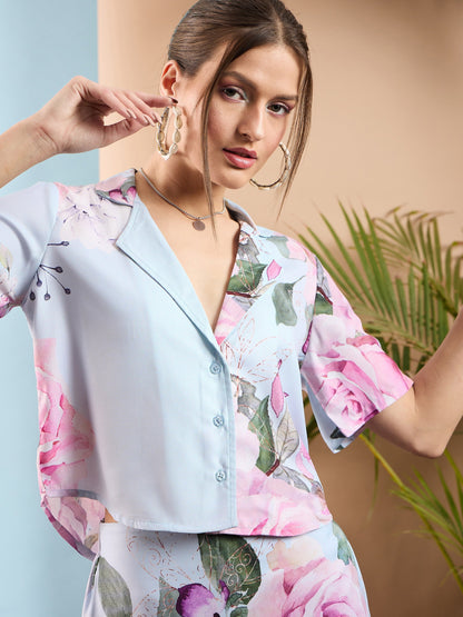 Light Blue Floral Crop Shirt With Mini Skirt