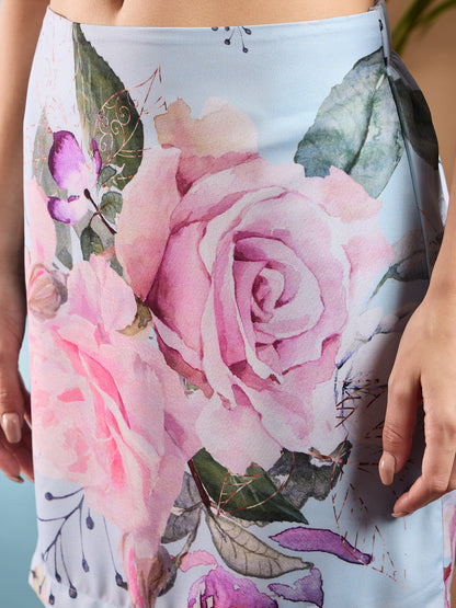 Light Blue Floral Crop Shirt With Mini Skirt