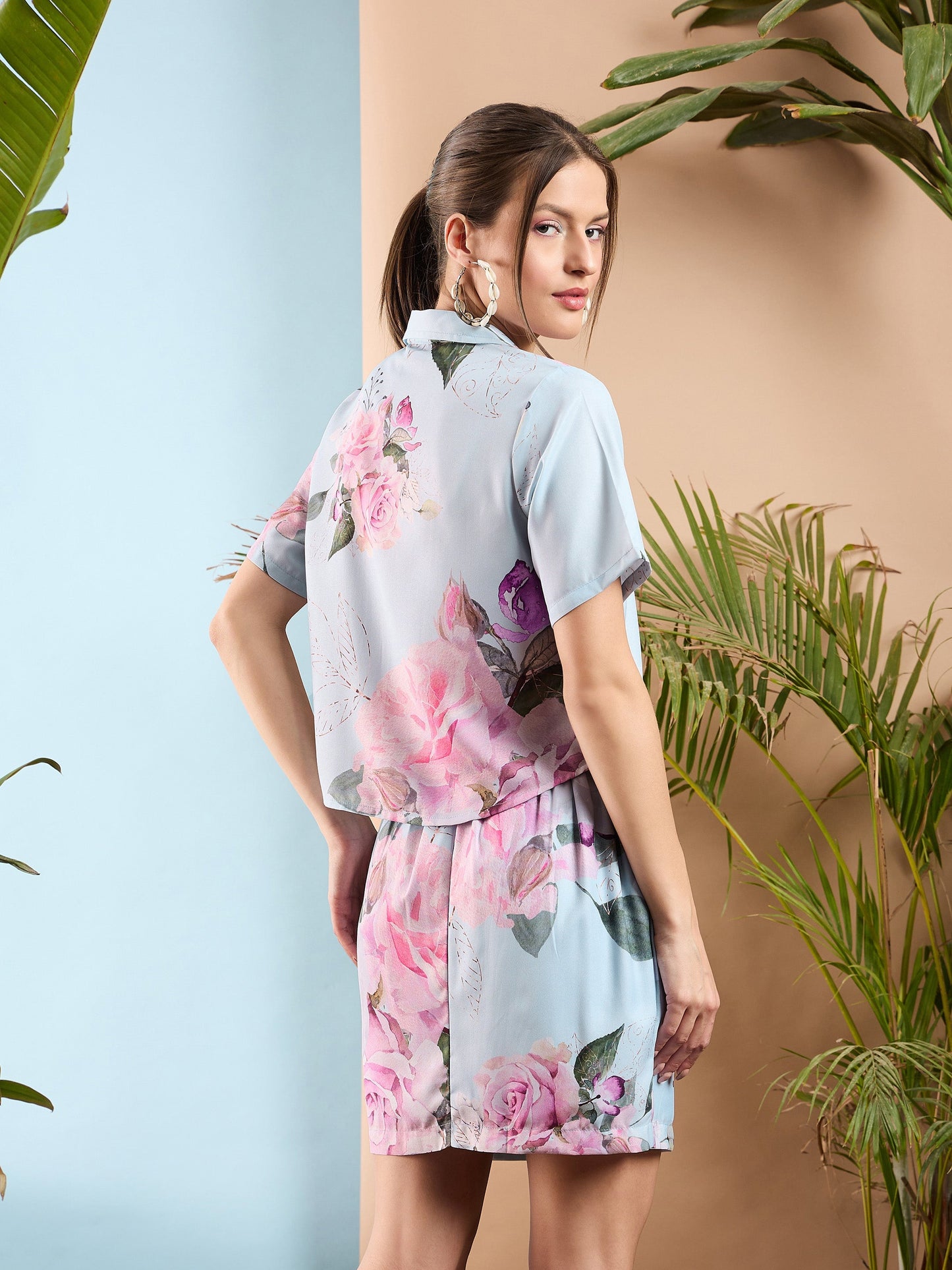 Light Blue Floral Crop Shirt With Mini Skirt