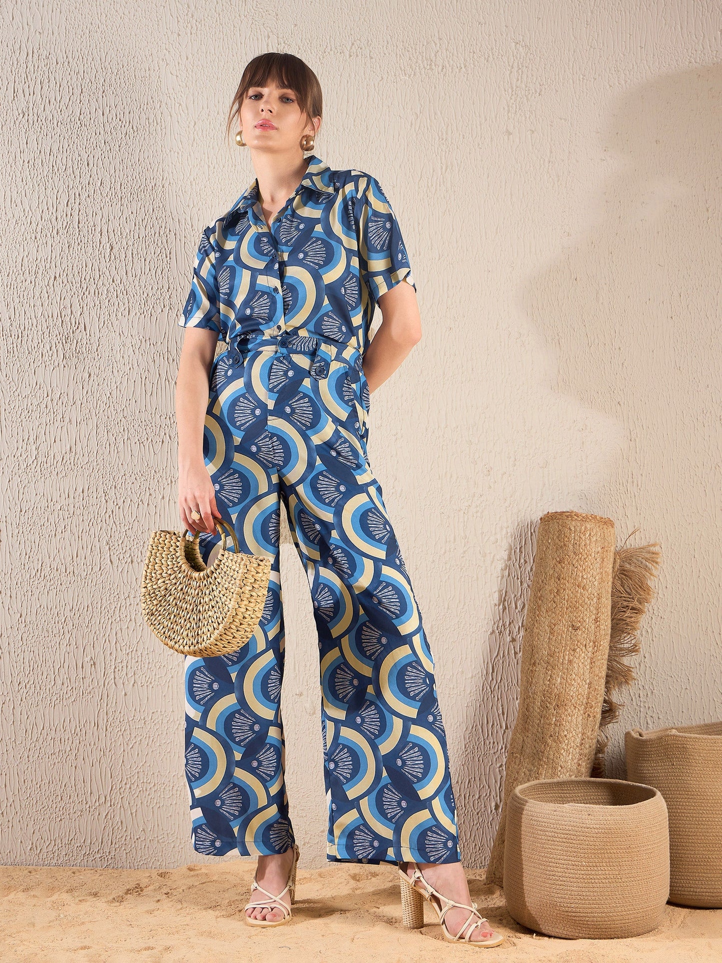 Navy Geometric Crop Shirt With Straight Pants
