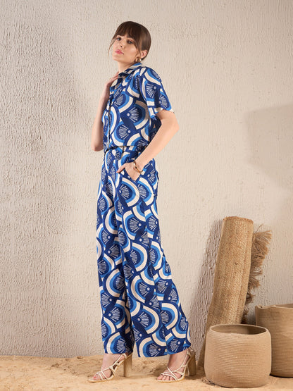 Navy Geometric Crop Shirt With Straight Pants