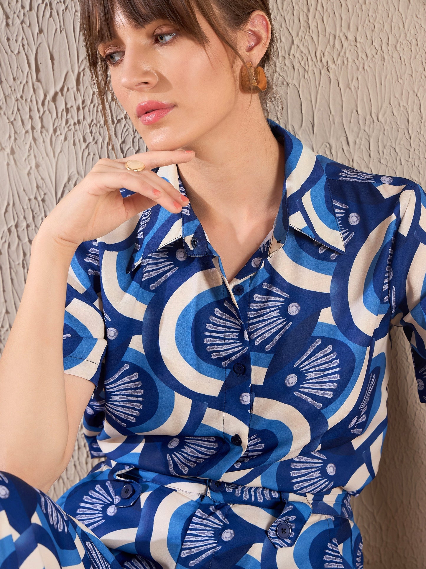 Navy Geometric Crop Shirt With Straight Pants