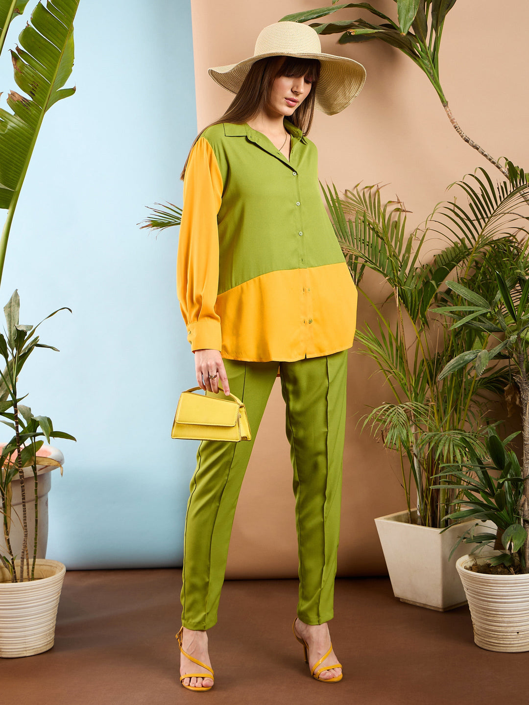 Women's Women Olive & Yellow Colo Block Shirt With Darted Pants in Georgette by Sassafras for wholesale, bulk, supplier, manufacturer and wholesaler buyers from Trendphoria