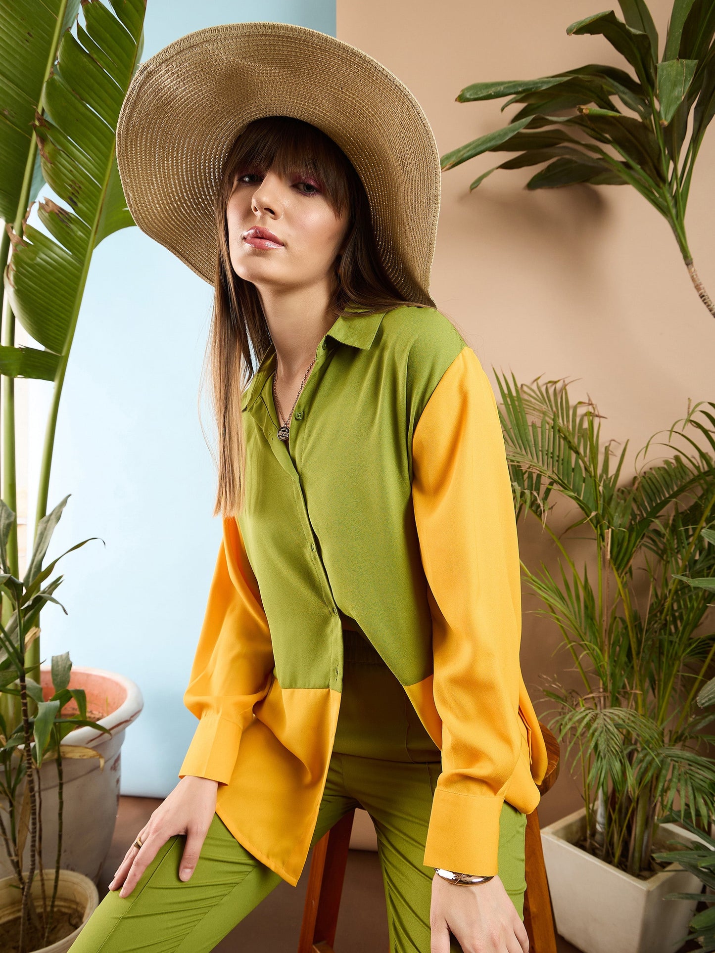 Women Olive & Yellow Colo Block Shirt With Darted Pants