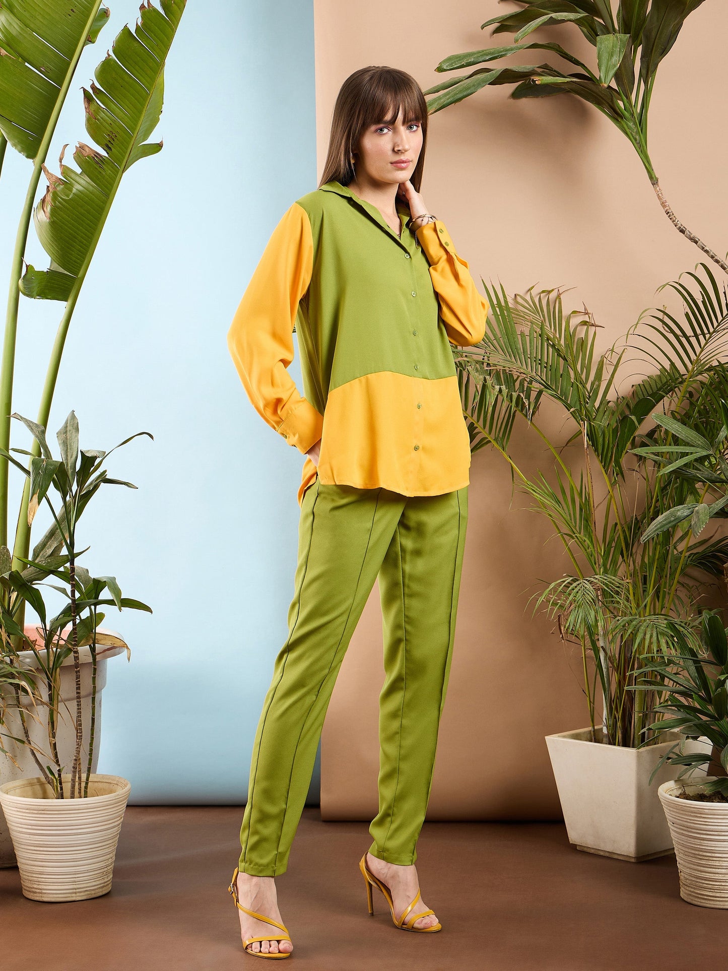 Women Olive & Yellow Colo Block Shirt With Darted Pants