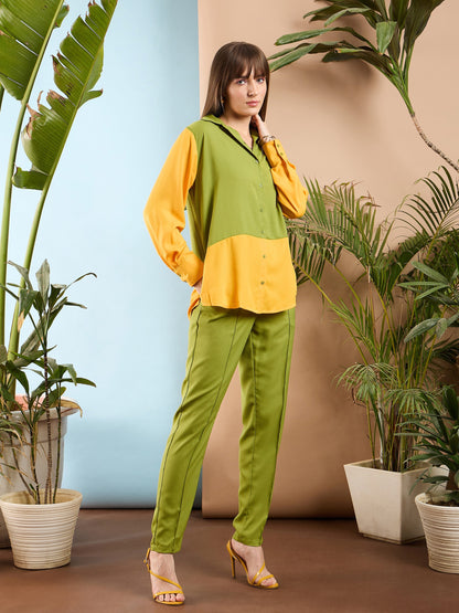 Women Olive & Yellow Colo Block Shirt With Darted Pants