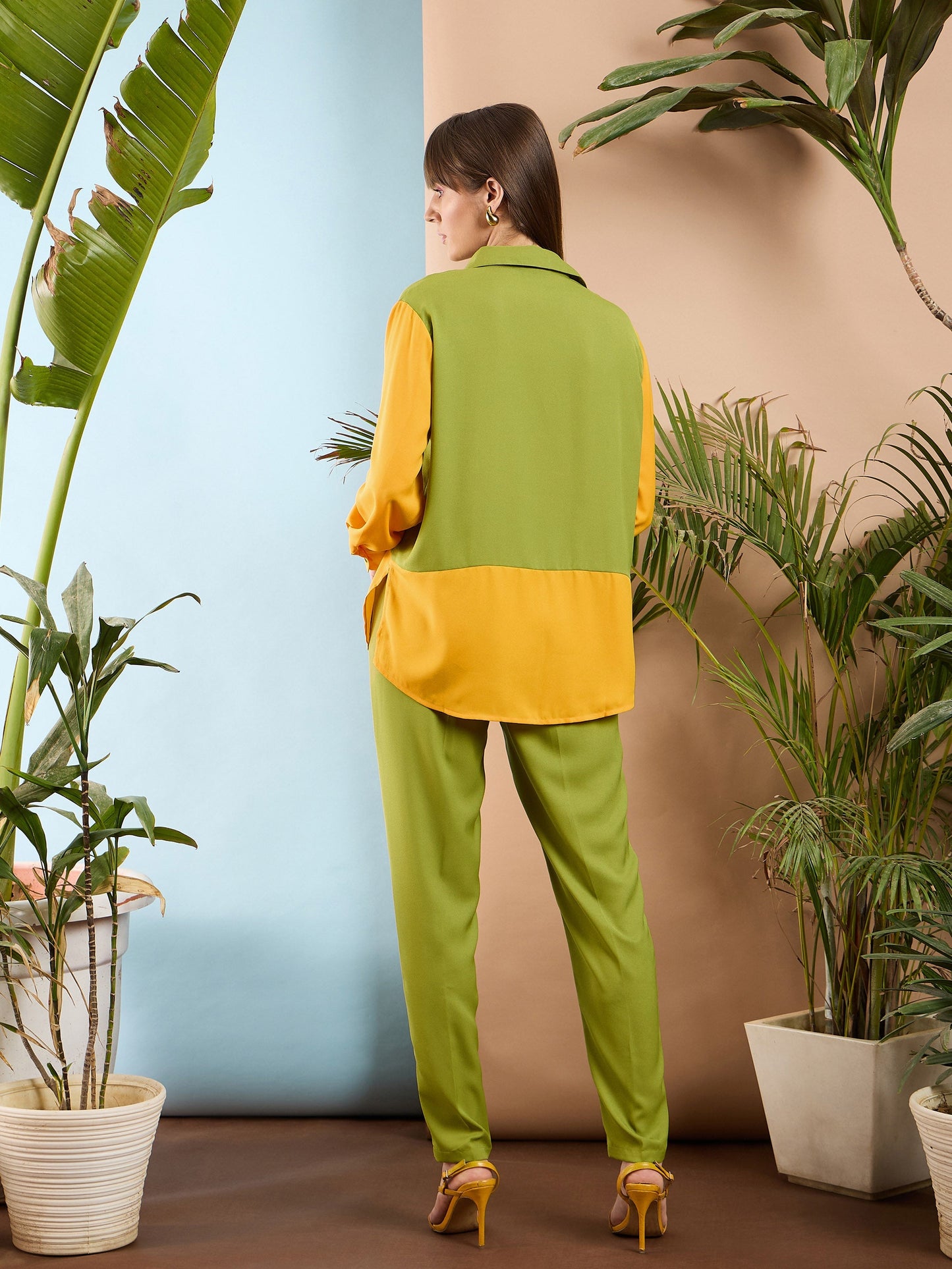 Women Olive & Yellow Colo Block Shirt With Darted Pants