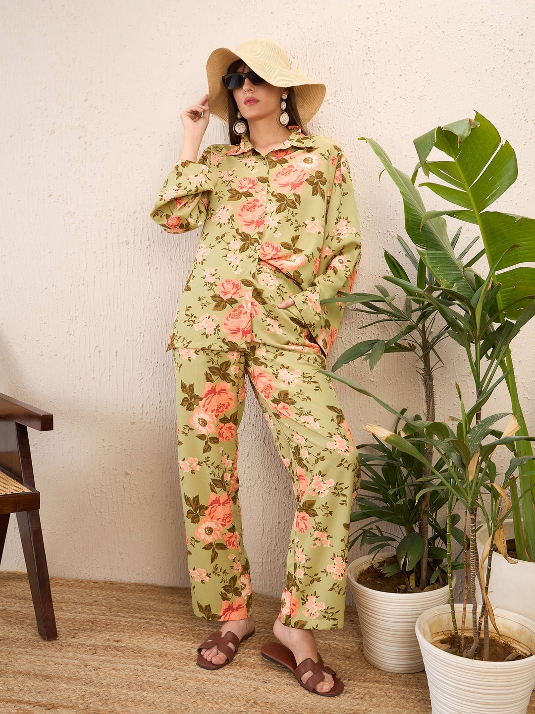 Women's Women Olive Floral Bell Sleeves Shirt With Straight Pants in Georgette by Sassafras for wholesale, bulk, supplier, manufacturer and wholesaler buyers from Trendphoria