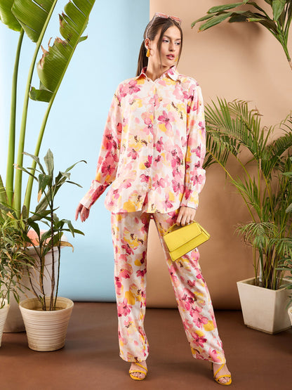Pink Floral Oversize Shirt With Straight Pants