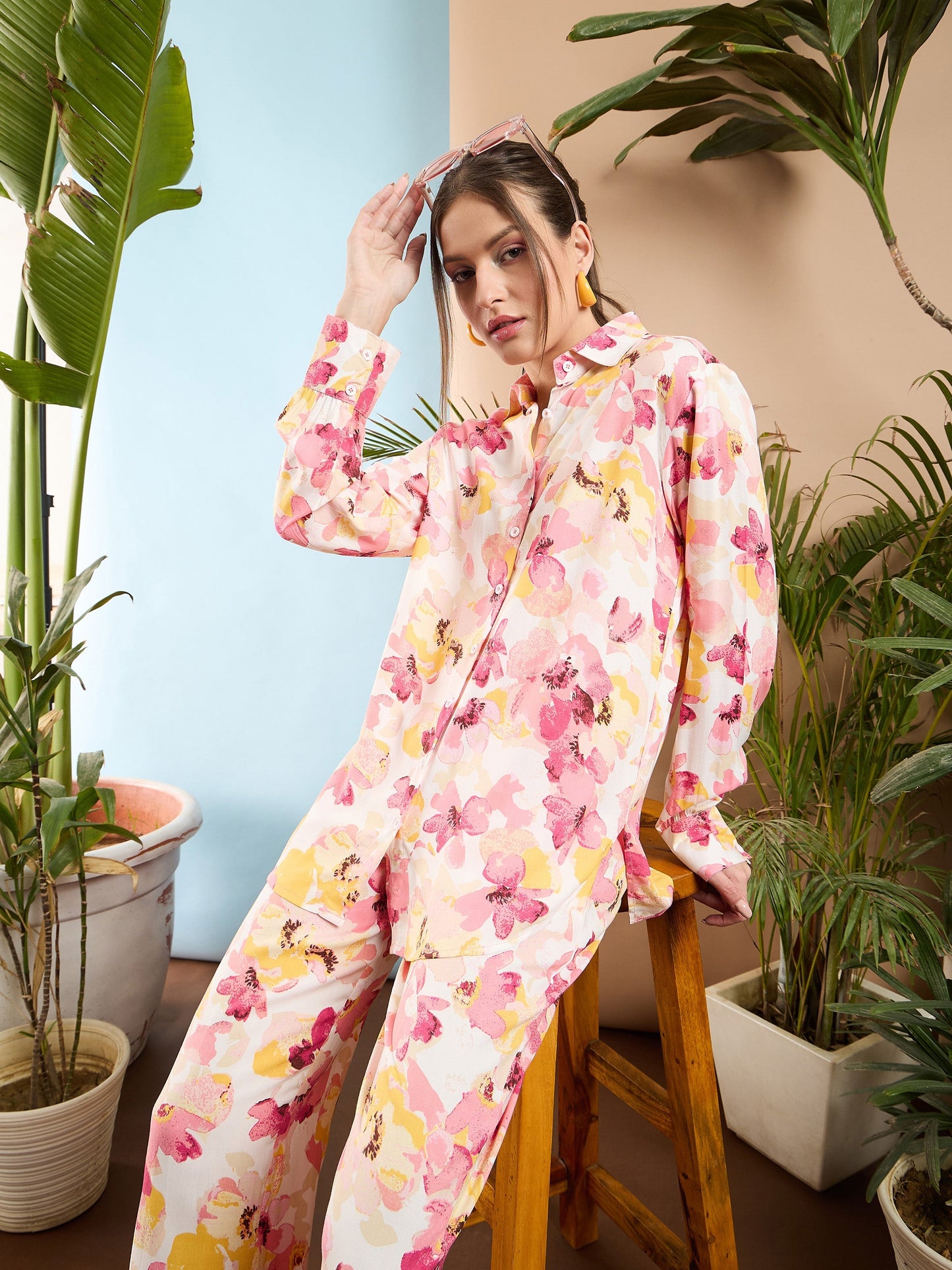 Pink Floral Oversize Shirt With Straight Pants