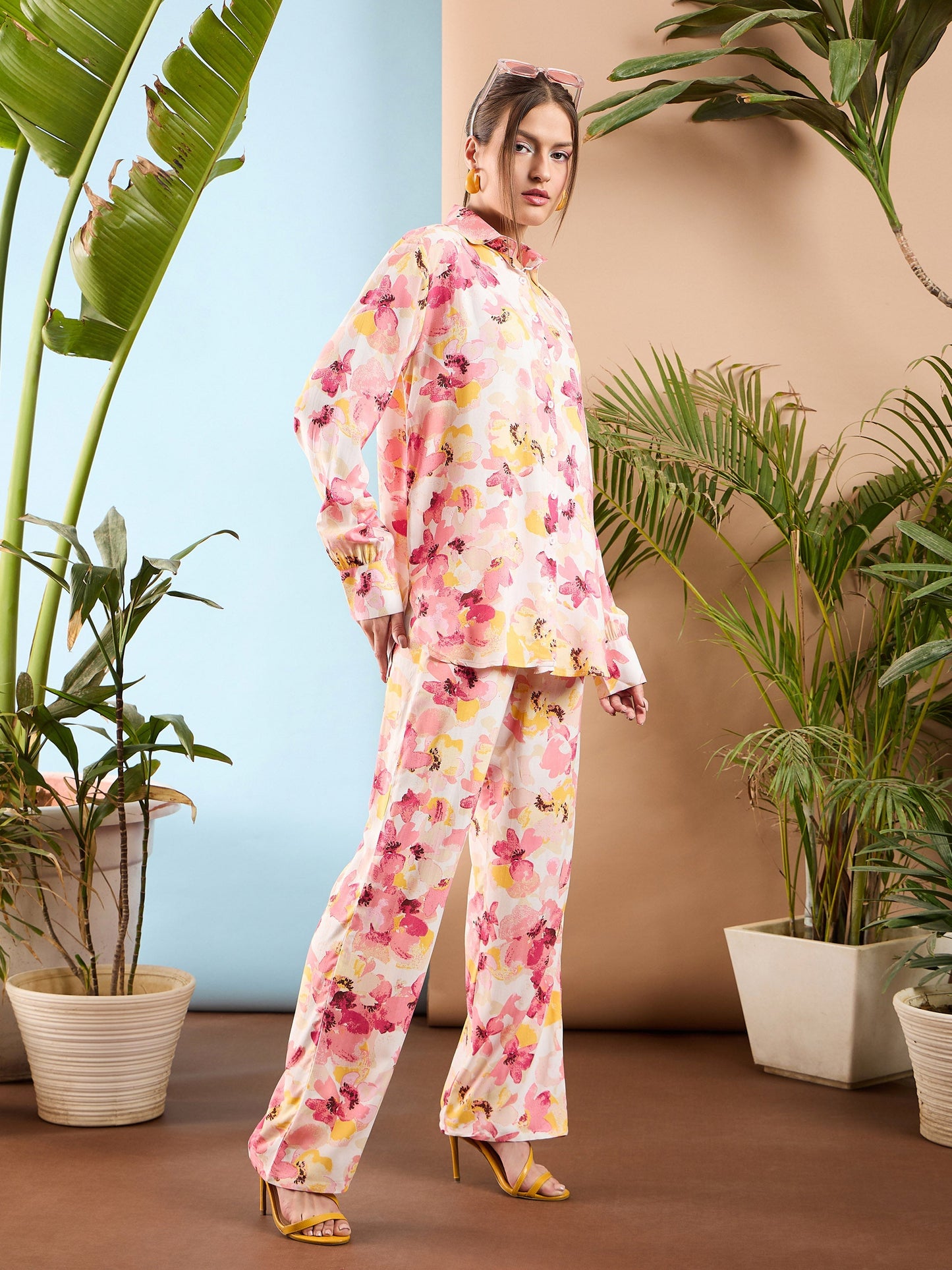 Pink Floral Oversize Shirt With Straight Pants