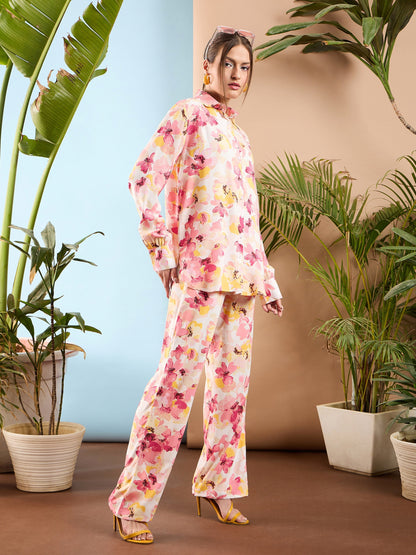 Pink Floral Oversize Shirt With Straight Pants