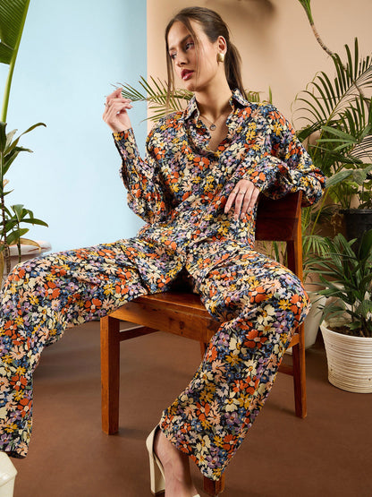 Multi Floral Oversize Shirt With Straight Pants