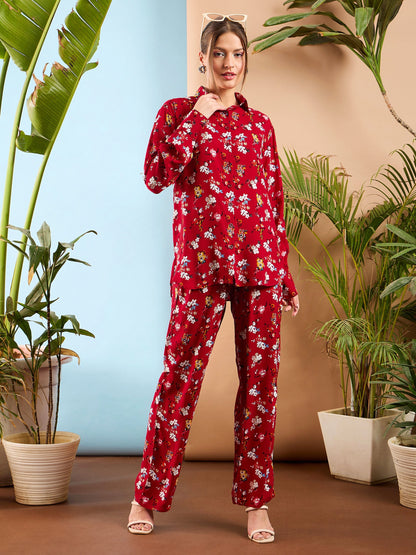 Red Floral Oversize Shirt With Straight Pants