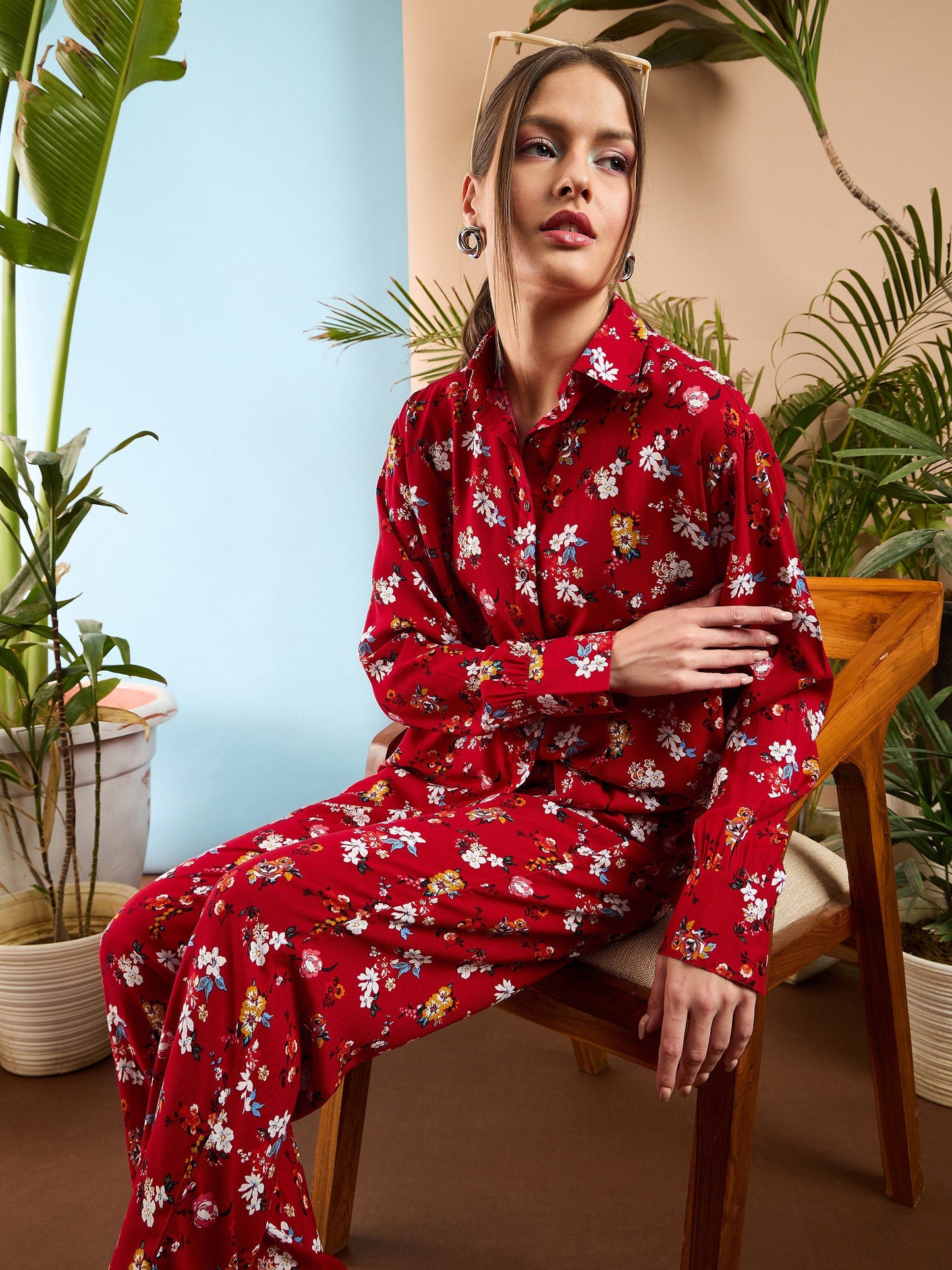 Red Floral Oversize Shirt With Straight Pants