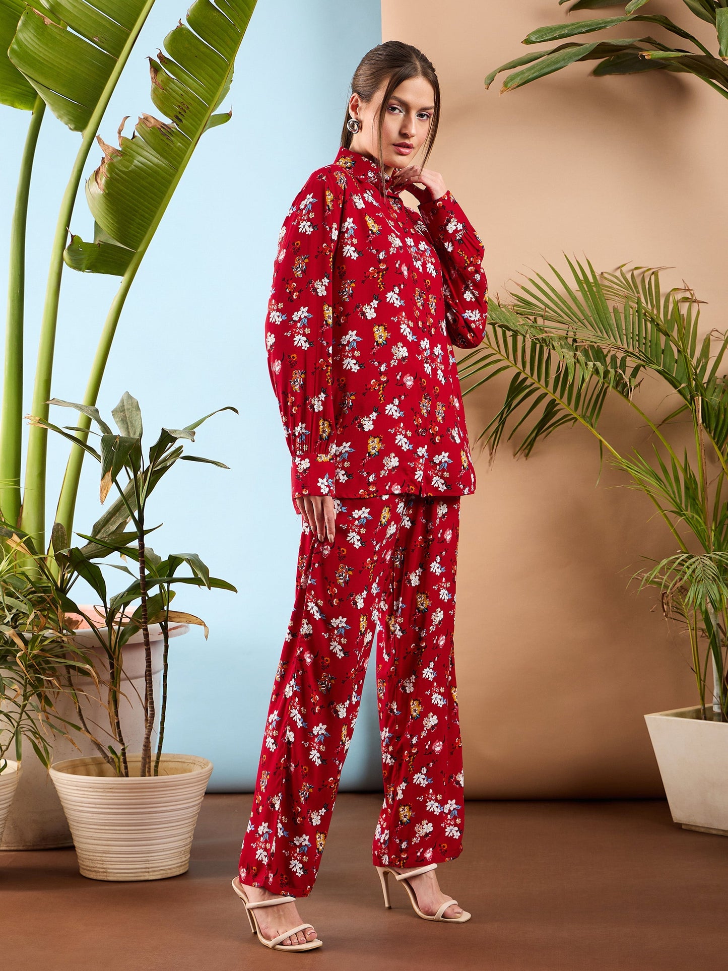 Red Floral Oversize Shirt With Straight Pants
