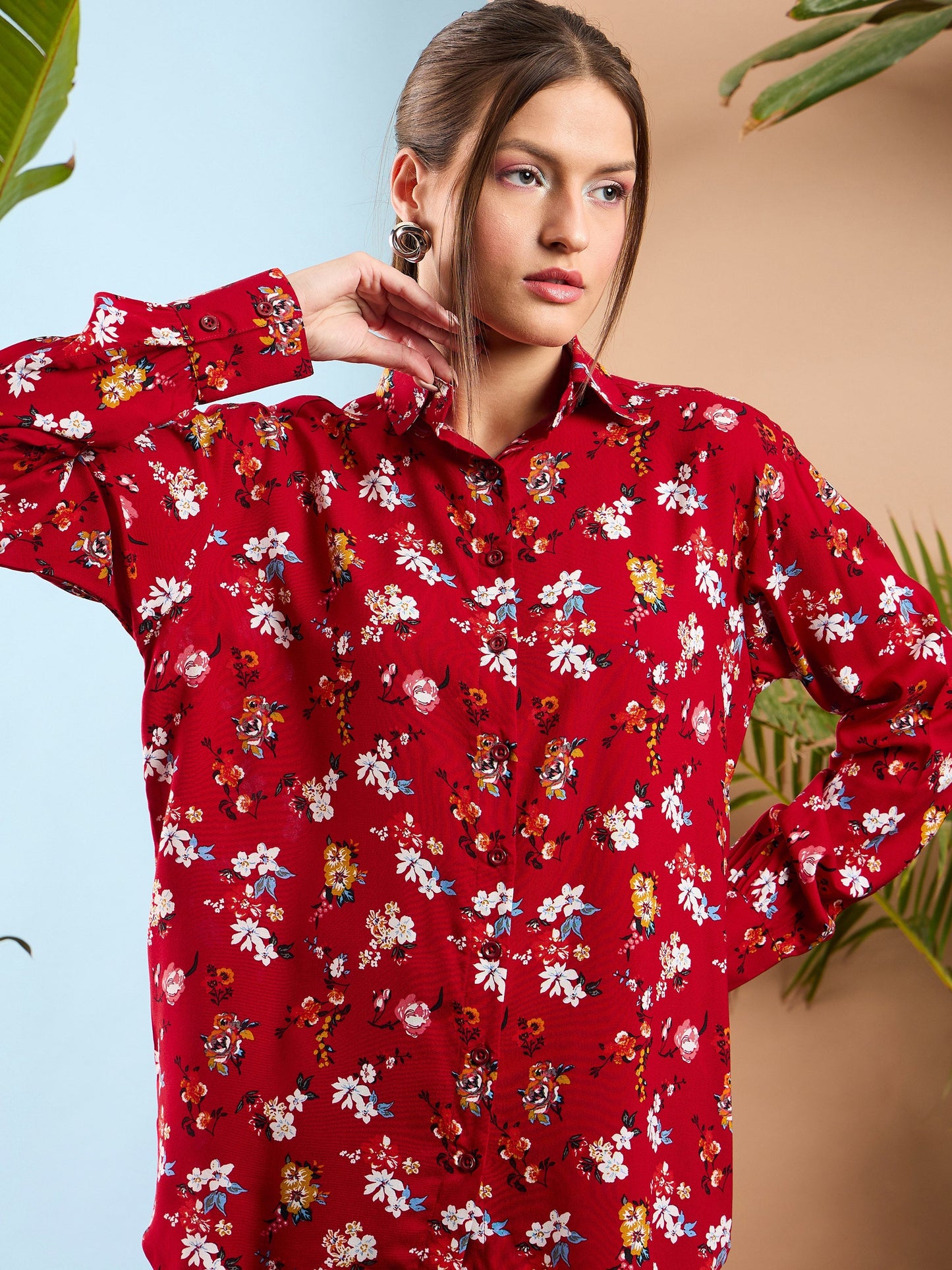 Red Floral Oversize Shirt With Straight Pants