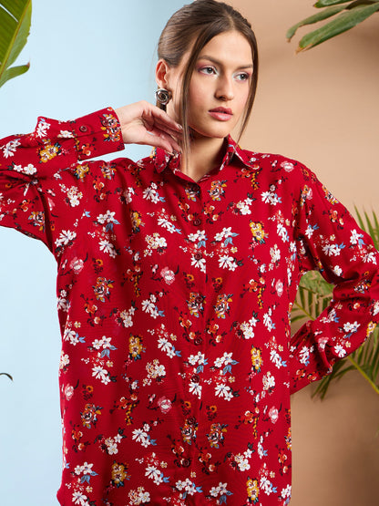 Red Floral Oversize Shirt With Straight Pants