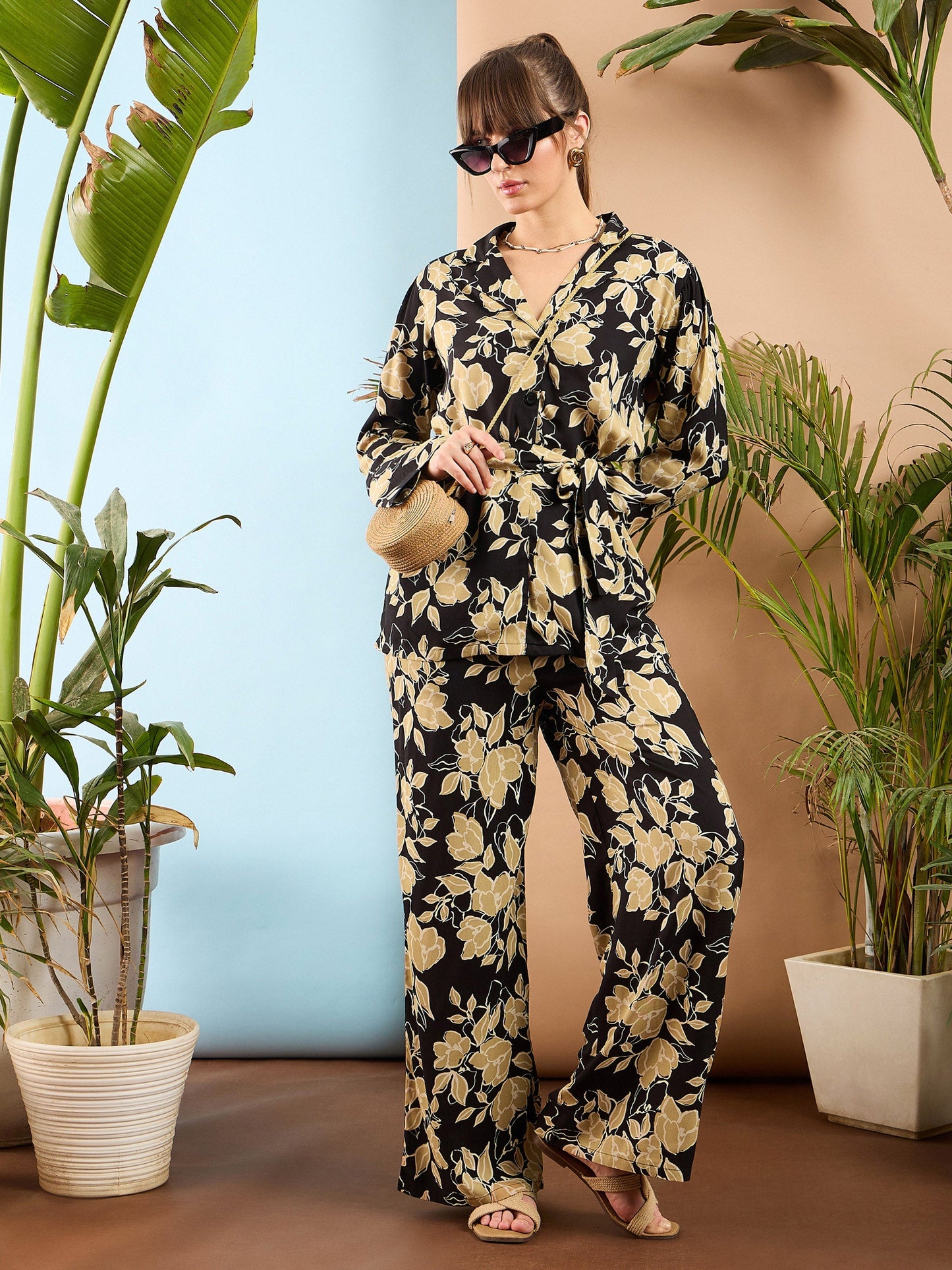 Beige Floral Notch Collar Shirt With Flared Pants