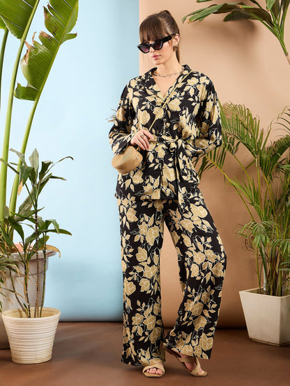 Beige Floral Notch Collar Shirt With Flared Pants