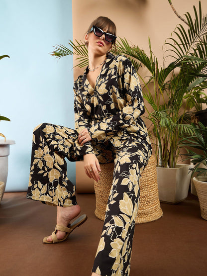 Beige Floral Notch Collar Shirt With Flared Pants