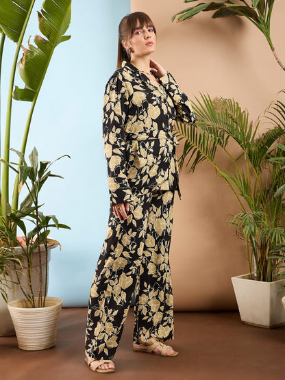 Beige Floral Notch Collar Shirt With Flared Pants