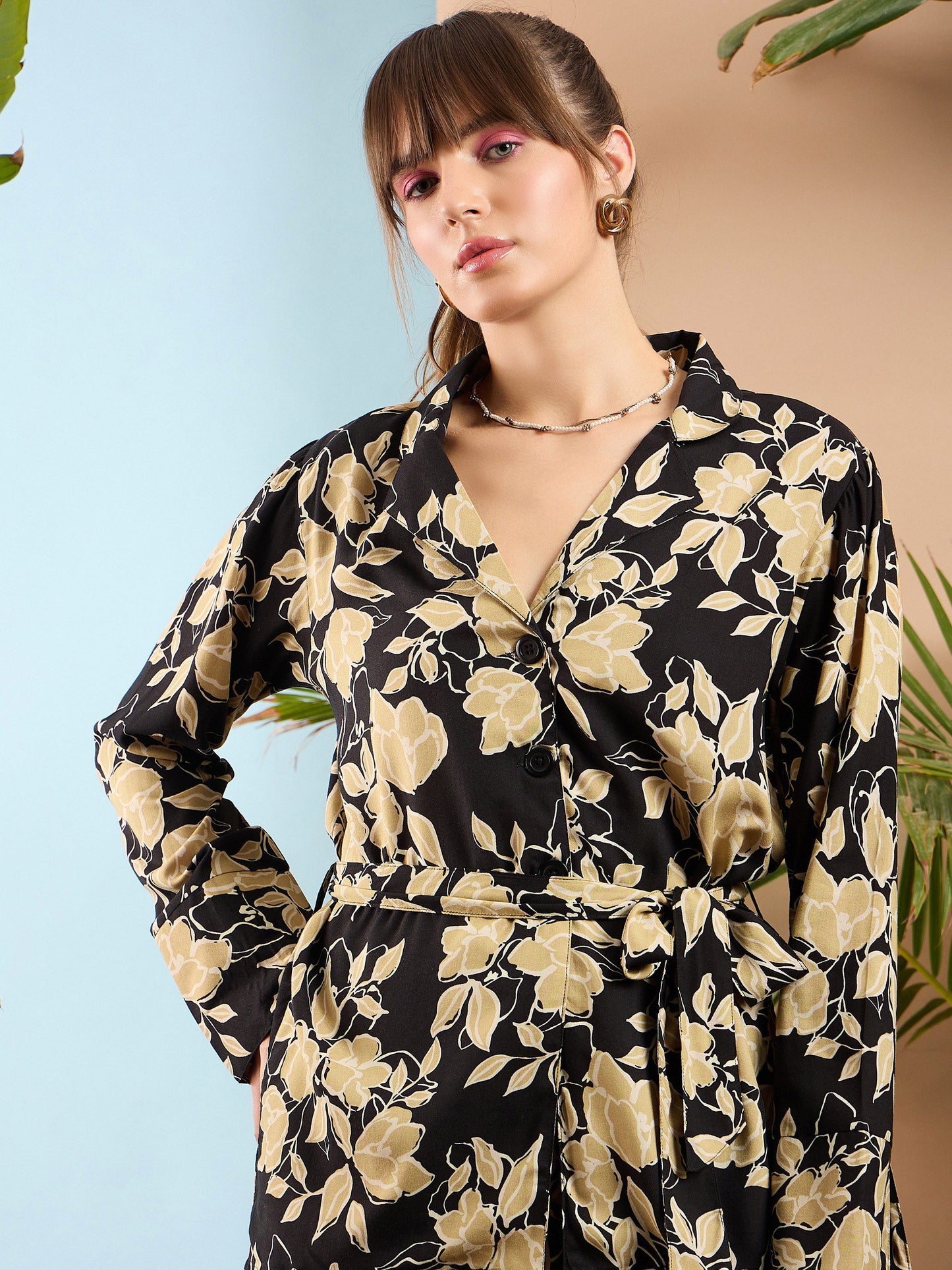 Beige Floral Notch Collar Shirt With Flared Pants