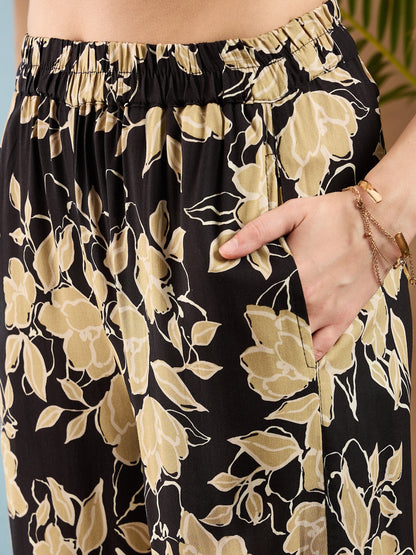 Beige Floral Notch Collar Shirt With Flared Pants