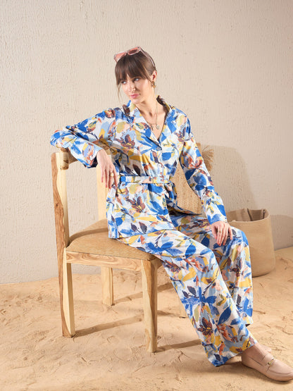 Blue Floral Notch Collar Shirt With Flared Pants