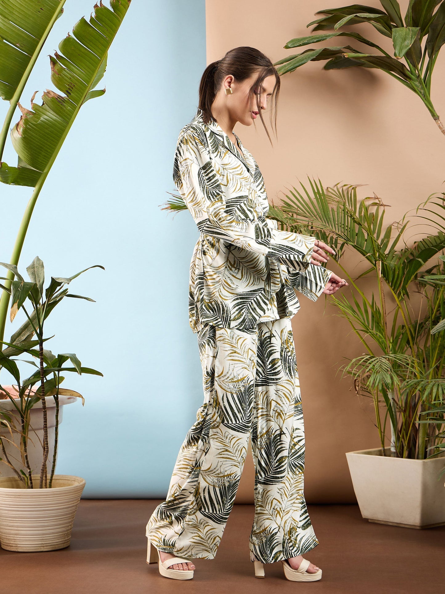 White Floral Notch Collar Shirt With Flared Pants