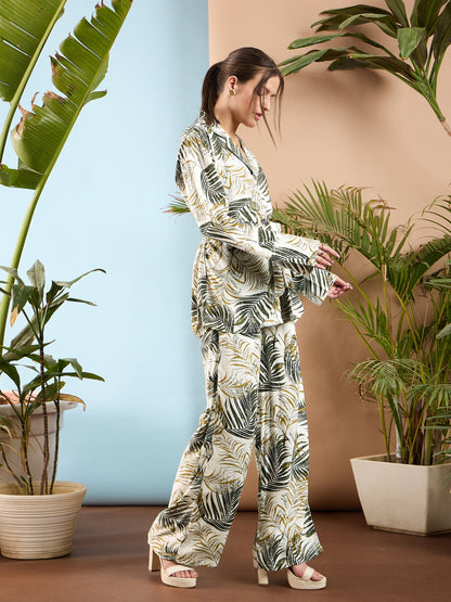 White Floral Notch Collar Shirt With Flared Pants