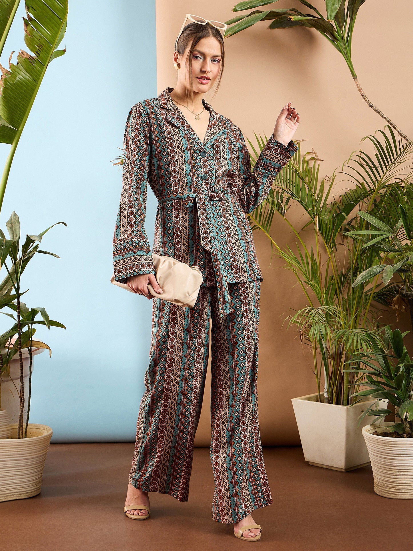 Turquoise Geometrical Notch Collar Shirt With Flared Pants