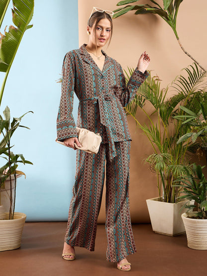Turquoise Geometrical Notch Collar Shirt With Flared Pants